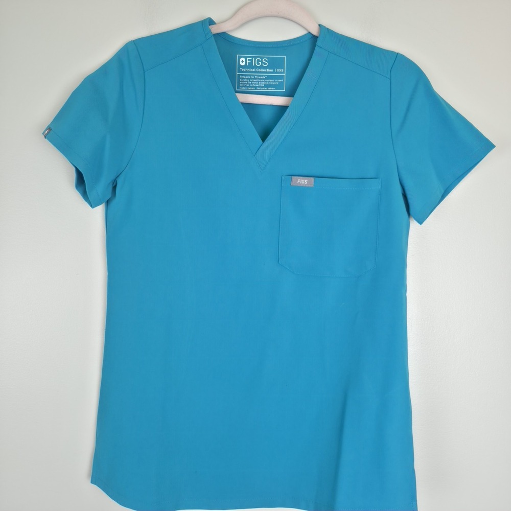 Figs Scrub Top Womens XXS  Short Sleeve Blue Green w Pockets.A219‎